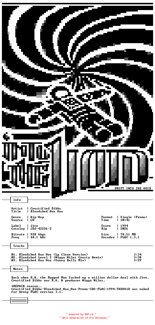 NFO for the release Crustified_Dibbs-Bloodshed_Hua_Hoo-REPACK-Promo-CDS-FLAC-1994-THEVOiD by THEVOiD
