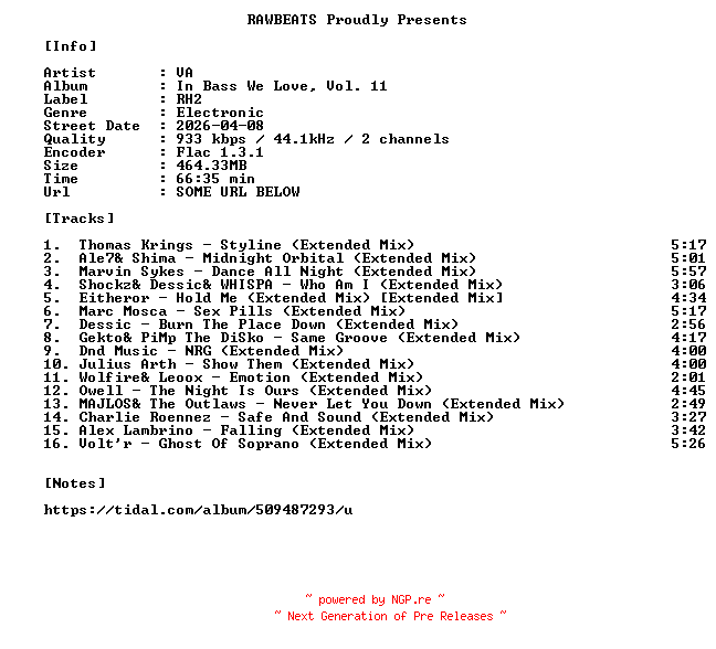 NFO for the release VA-In_Bass_We_Love_Vol._11-16BIT-WEB-FLAC-2026-RAWBEATS by RAWBEATS