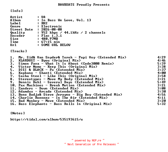 NFO for the release VA-In_Bass_We_Love_Vol._13-16BIT-WEB-FLAC-2026-RAWBEATS by RAWBEATS