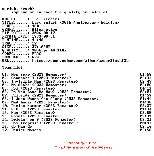 NFO for the release The_Breeders-Last_Splash_(30th_Anniversary_Edition)-16BIT-WEB-FLAC-2023-ENRiCH by ENRiCH