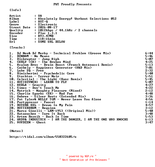NFO for the release VA-Absolutely_Energy_Workout_Selections_052-16BIT-WEB-FLAC-2026-PWT by PWT