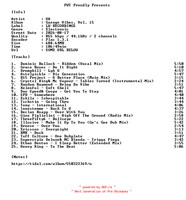 NFO for the release VA-Garage_Vibes_Vol._15-16BIT-WEB-FLAC-2026-PWT by PWT