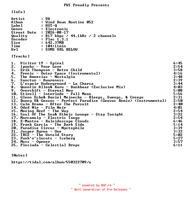 NFO for the release VA-Wind_Down_Routine_052-16BIT-WEB-FLAC-2026-PWT by PWT