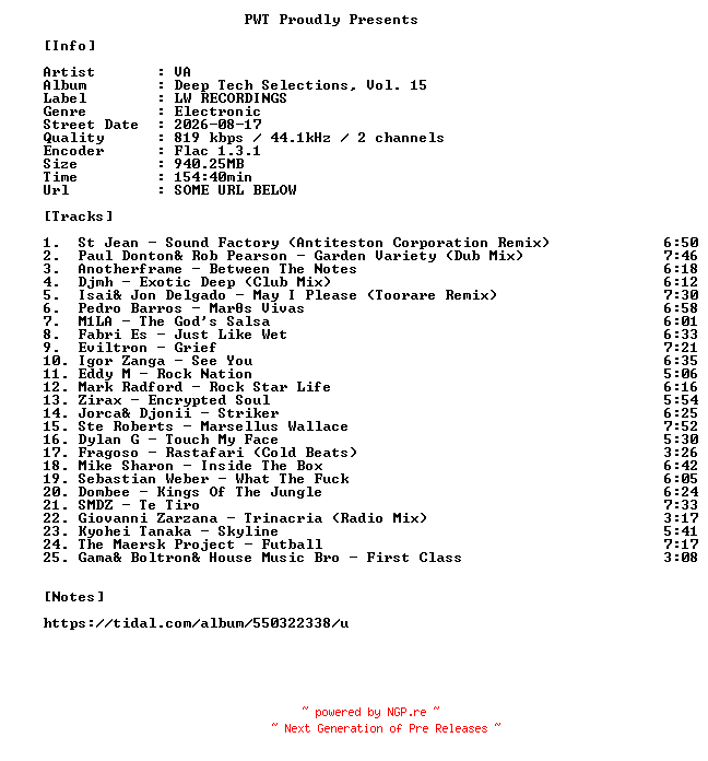 NFO for the release VA-Deep_Tech_Selections_Vol._15-16BIT-WEB-FLAC-2026-PWT by PWT