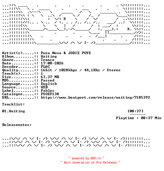 NFO for the release Pura_Nova_And_JODIE_POYE-Waiting-FSOEF138-SINGLE-16BIT-WEB-FLAC-2026-WAVED by WAVED