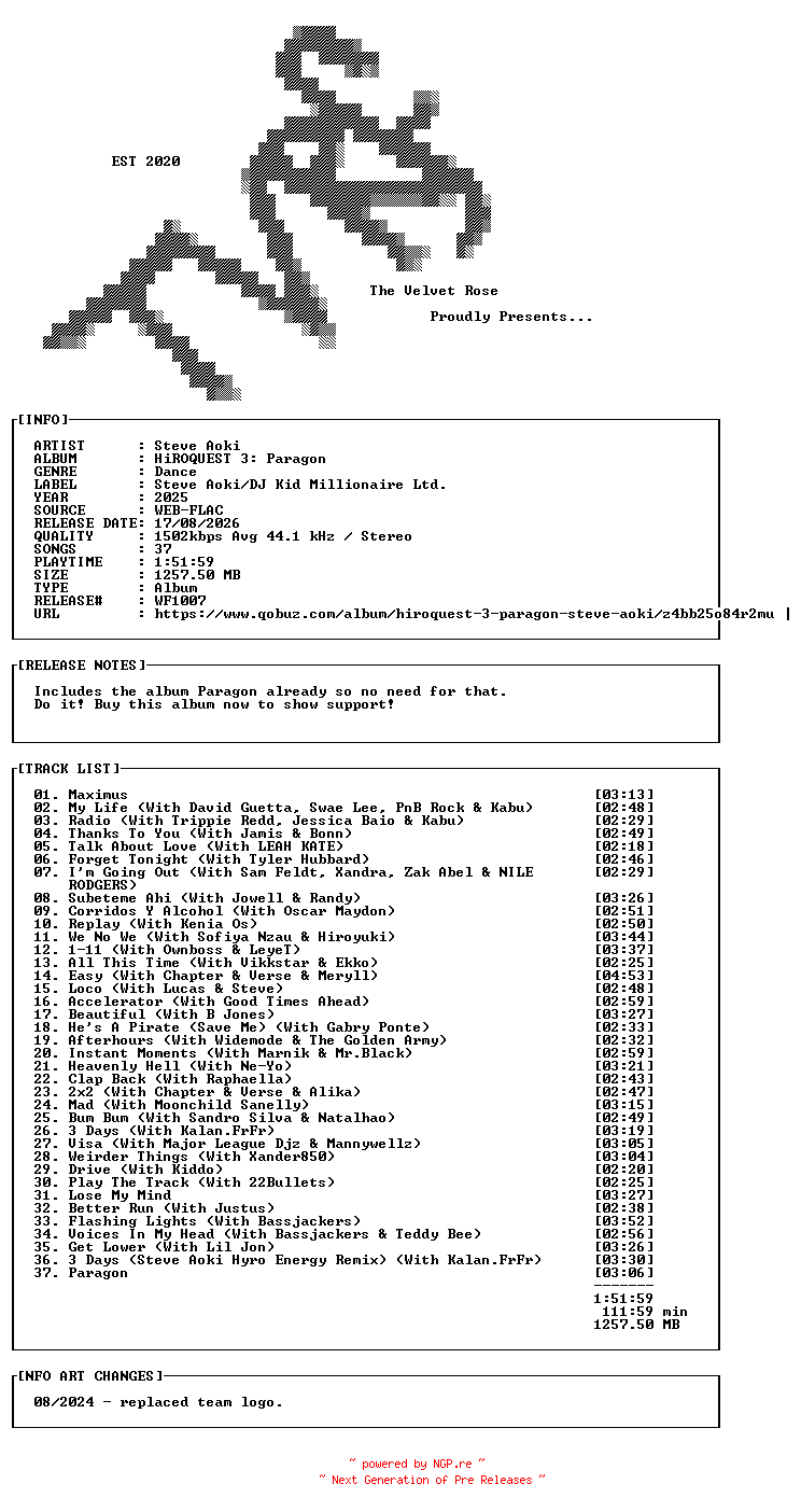 NFO for the release Steve_Aoki-HiROQUEST_3_Paragon-24BIT-WEB-FLAC-2025-TVRf by TVRf