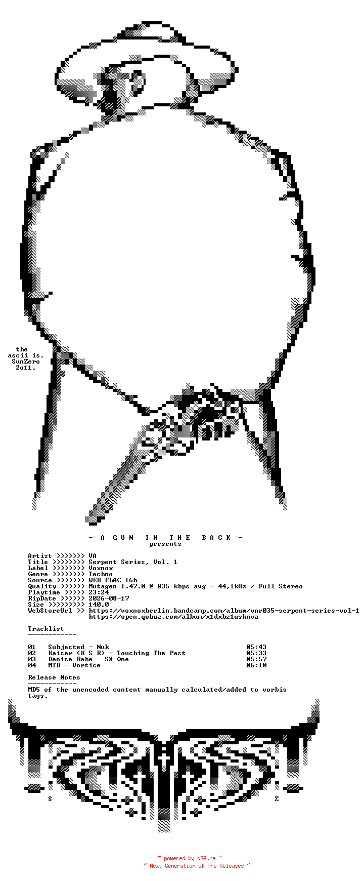 NFO for the release VA-Serpent_Series_Vol._1-(VNR035)-16BIT-WEB-FLAC-2018-AGITB by AGITB