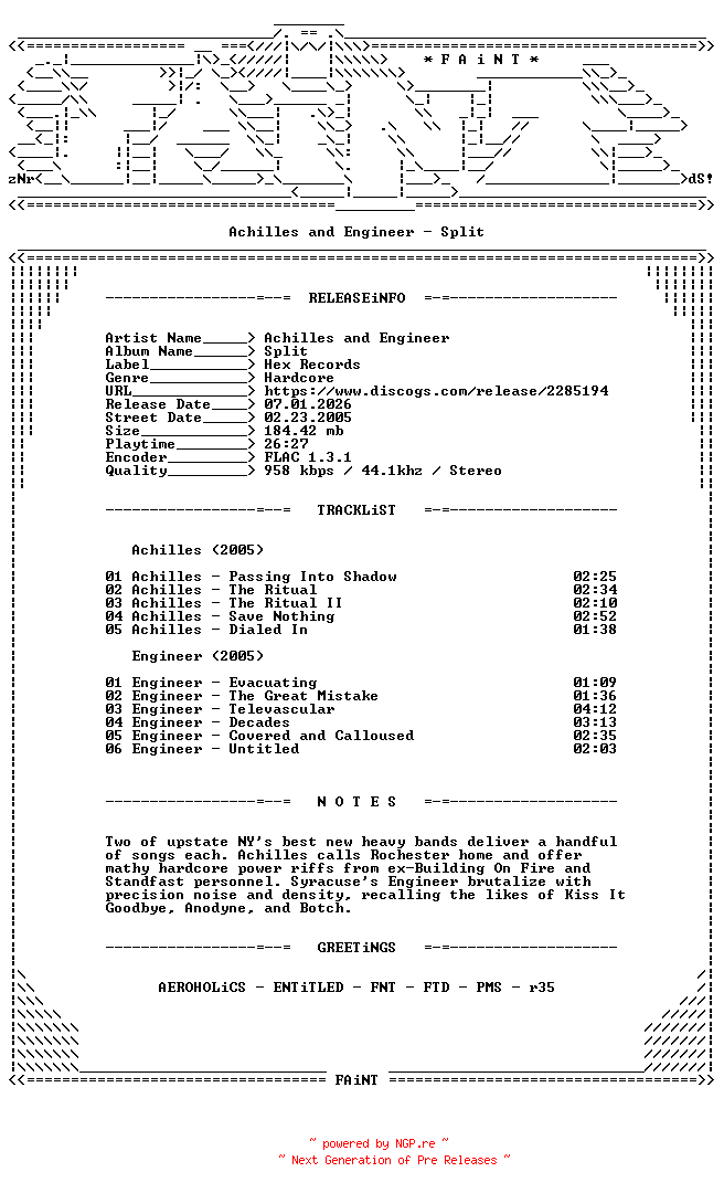 NFO for the release Achilles_And_Engineer-Split-2CD-FLAC-2005-FAiNT by FAiNT