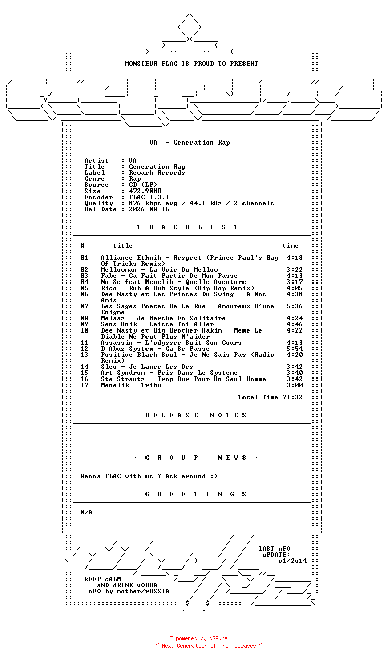 NFO for the release VA-Generation_Rap-FR-CD-FLAC-1995-Mrflac by Mrflac