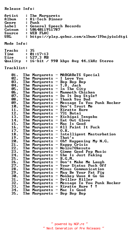 NFO for the release The_Margarets-Hi_Tech_Dinner-JP-16BIT-44KHZ-WEB-FLAC-1994-CBR by CBR