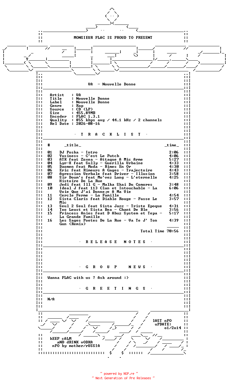 NFO for the release VA-Nouvelle_Donne-FR-CD-FLAC-1997-Mrflac by Mrflac