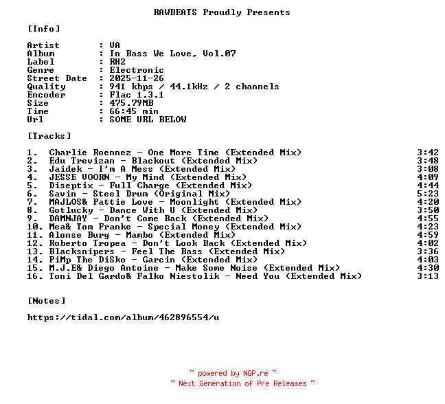 NFO for the release VA-In_Bass_We_Love_Vol.07-16BIT-WEB-FLAC-2025-RAWBEATS by RAWBEATS