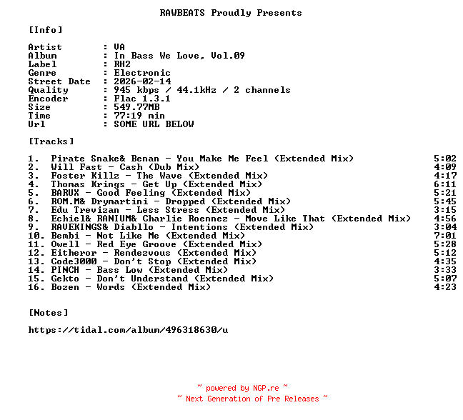 NFO for the release VA-In_Bass_We_Love_Vol.09-16BIT-WEB-FLAC-2026-RAWBEATS by RAWBEATS