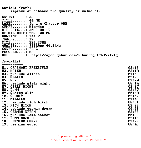 NFO for the release Juju-44_ME-DE-16BIT-WEB-FLAC-2026-ENRiCH by ENRiCH