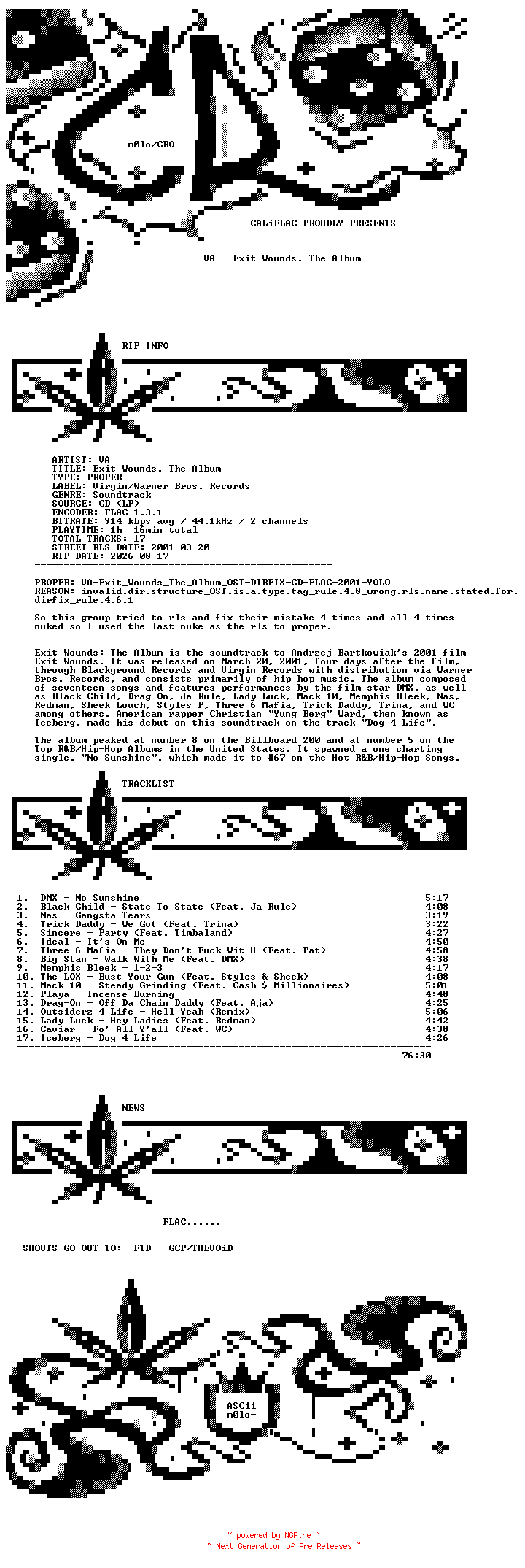 NFO for the release VA-Exit_Wounds._The_Album-PROPER-OST-CD-FLAC-2001-CALiFLAC by CALiFLAC
