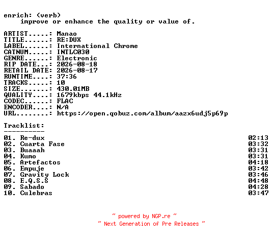 NFO for the release Manao-REDUX-(INTLC030)-24BIT-WEB-FLAC-2026-ENRiCH by ENRiCH