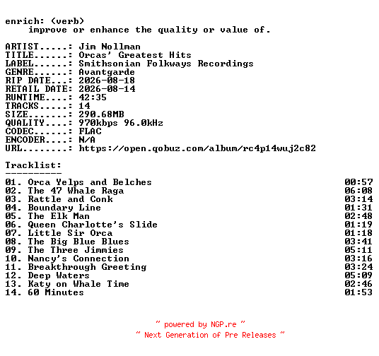 NFO for the release Jim_Nollman-Orcas_Greatest_Hits-24BIT-WEB-FLAC-2026-ENRiCH by ENRiCH