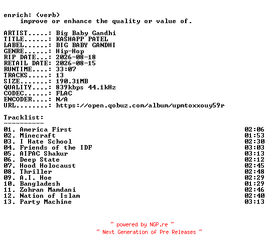 NFO for the release Big_Baby_Gandhi-KASHAPP_PATEL-16BIT-WEB-FLAC-2026-ENRiCH by ENRiCH