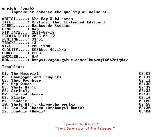 NFO for the release Sha_Ray_X_DJ_Haram-Critical_Thot_(Extended_Edition)-16BIT-WEB-FLAC-2026-ENRiCH by ENRiCH