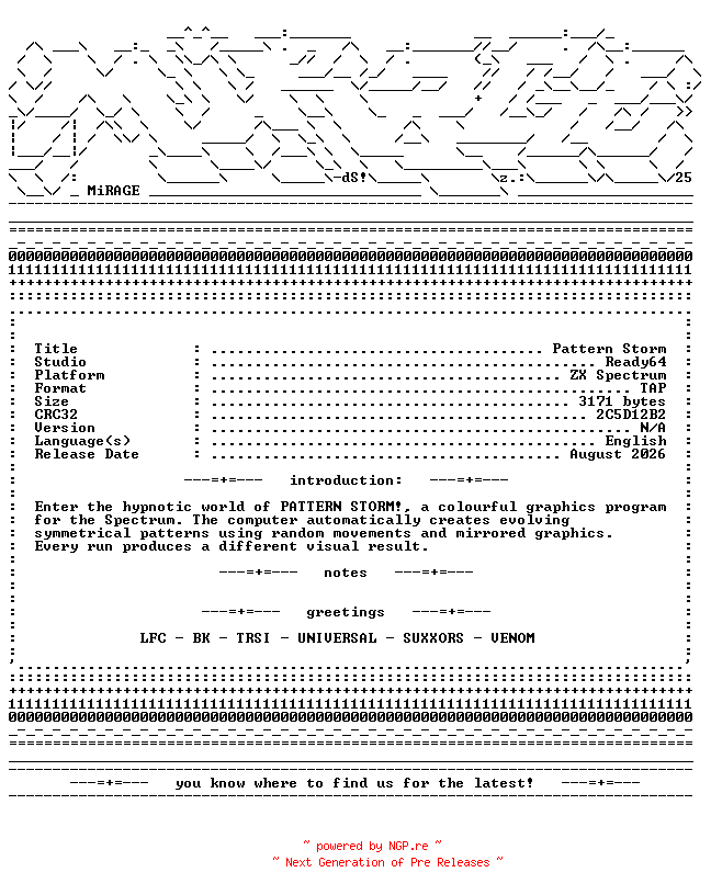 NFO for the release Pattern_Storm_ZXS-MiRAGE by MiRAGE