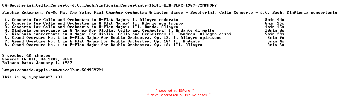 NFO for the release VA-Boccherini_Cello_Concerto-J.C._Bach_Sinfionia_Concertante-16BIT-WEB-FLAC-1987-SYMPHONY by SYMPHONY