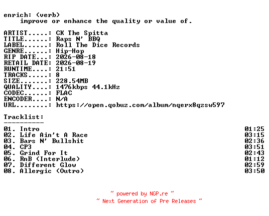 NFO for the release CK_The_Spitta-Raps_N_BBQ-24BIT-WEB-FLAC-2026-ENRiCH by ENRiCH
