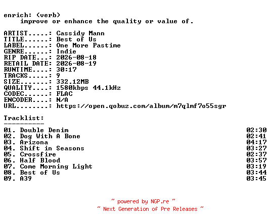 NFO for the release Cassidy_Mann-Best_of_Us-24BIT-WEB-FLAC-2026-ENRiCH by ENRiCH