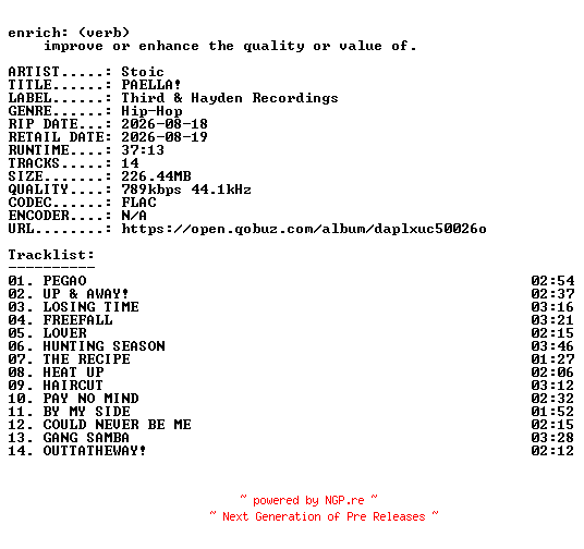 NFO for the release Stoic-PAELLA-16BIT-WEB-FLAC-2026-ENRiCH by ENRiCH