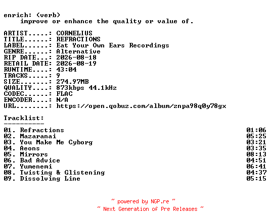 NFO for the release CORNELIUS-REFRACTIONS-16BIT-WEB-FLAC-2026-ENRiCH by ENRiCH