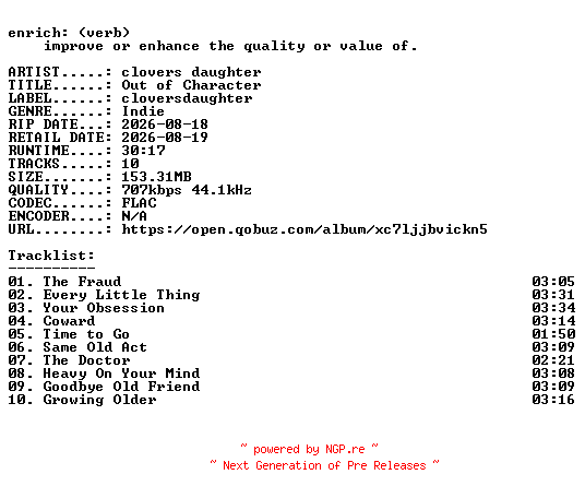 NFO for the release clovers_daughter-Out_of_Character-16BIT-WEB-FLAC-2026-ENRiCH by ENRiCH