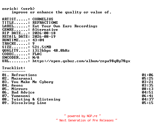 NFO for the release CORNELIUS-REFRACTIONS-24BIT-WEB-FLAC-2026-ENRiCH by ENRiCH