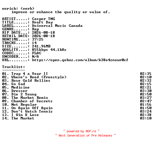 NFO for the release Casper_TNG-Draft_Day-16BIT-WEB-FLAC-2026-ENRiCH by ENRiCH