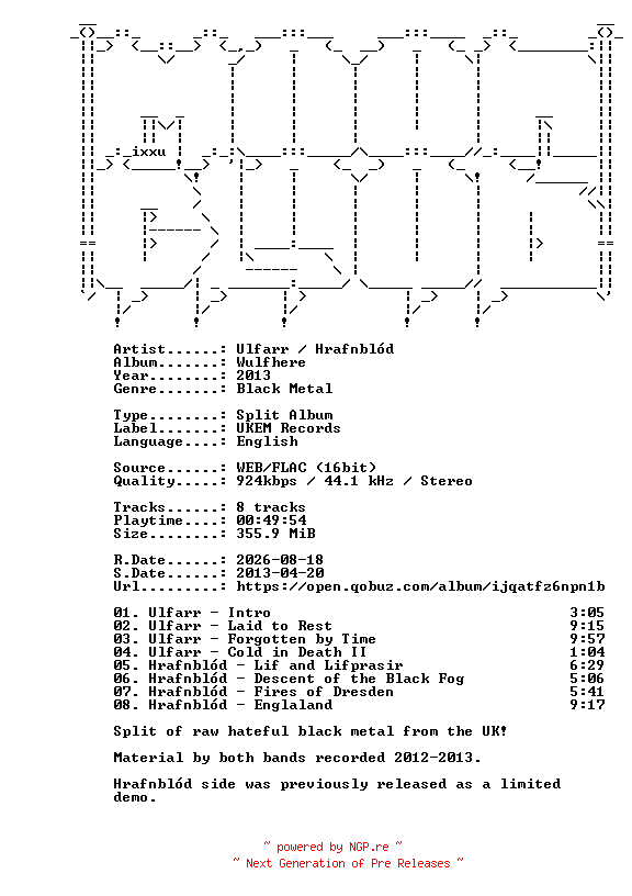 NFO for the release Ulfarr__Hrafnblod-Wulfhere-SPLIT-16BIT-WEB-FLAC-2013-MOONBLOOD by MOONBLOOD