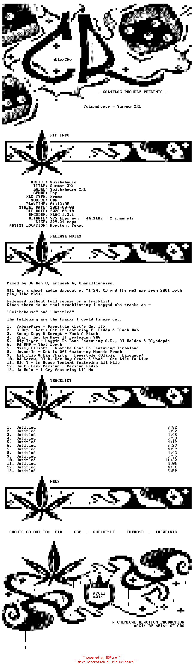 NFO for the release Swishahouse-Summer_2K1-Promo-CDR-FLAC-2001-CALiFLAC by CALiFLAC