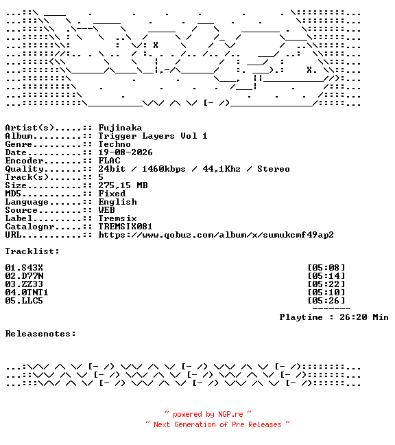 NFO for the release Fujinaka-Trigger_Layers_Vol_1-TREMSIX081-24BIT-WEB-FLAC-2026-WAVED by WAVED