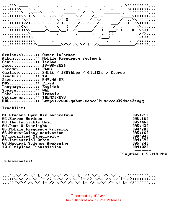 NFO for the release Outer_Informer-Mobile_Frequency_System_B-TREMSIX078-24BIT-WEB-FLAC-2026-WAVED by WAVED