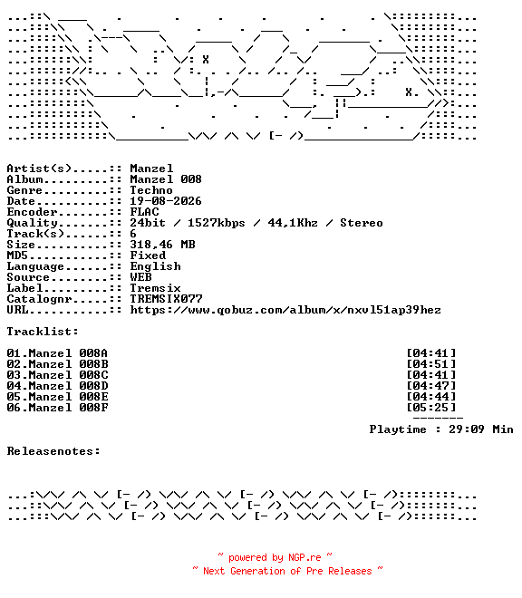 NFO for the release Manzel-Manzel_008-TREMSIX077-24BIT-WEB-FLAC-2026-WAVED by WAVED