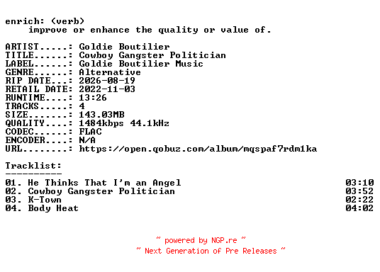 NFO for the release Goldie_Boutilier-Cowboy_Gangster_Politician-24BIT-WEB-FLAC-2022-ENRiCH by ENRiCH