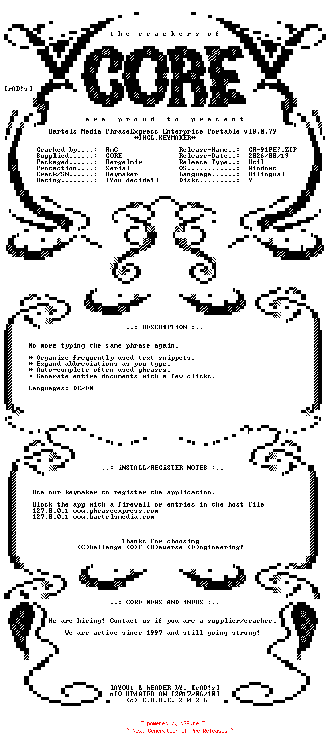 NFO for the release Bartels.Media.PhraseExpress.Enterprise.Portable.v18.0.79.Bilingual.Incl.Keymaker-CORE by CORE