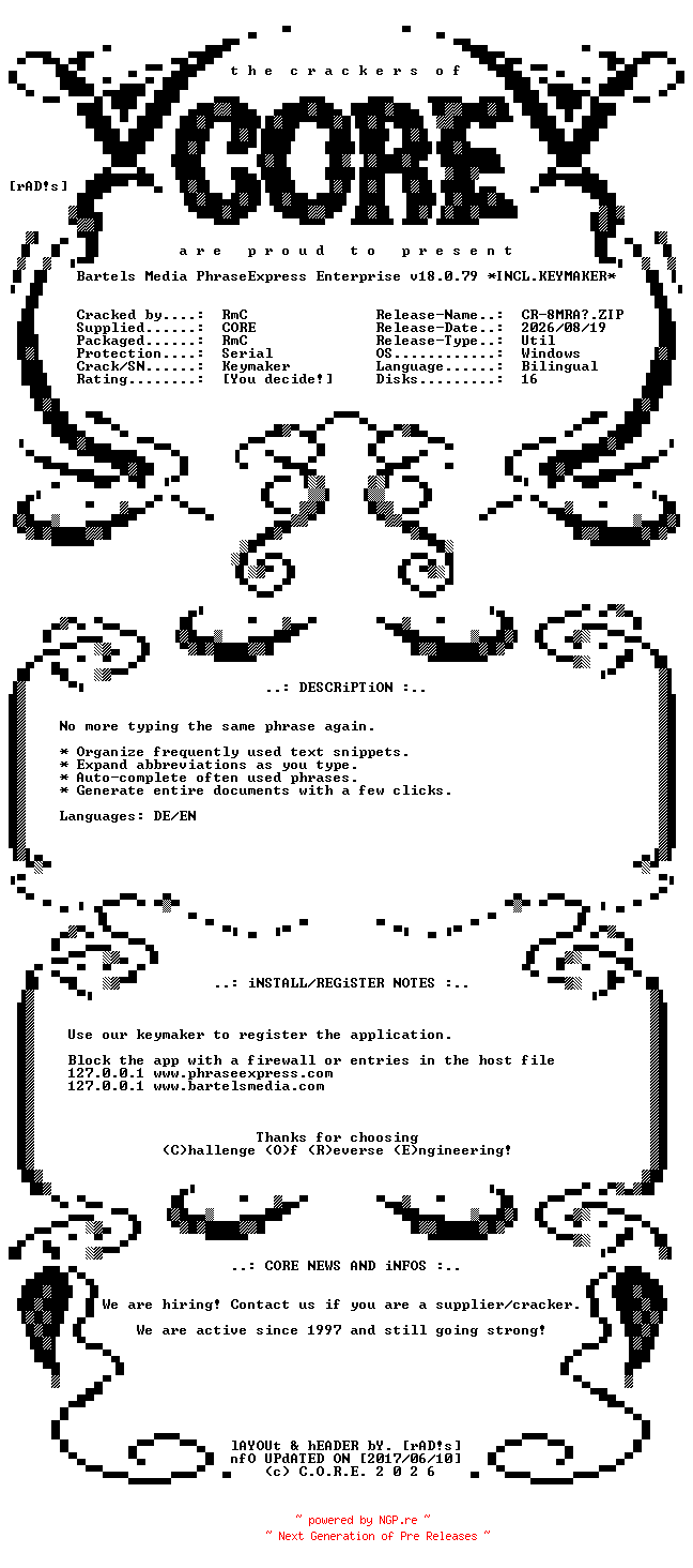 NFO for the release Bartels.Media.PhraseExpress.Enterprise.v18.0.79.Bilingual.Incl.Keymaker-CORE by CORE