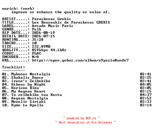 NFO for the release Paraskevas_Grekis-Les_Bouzoukis_de_Paraskevas_GREKIS-16BIT-WEB-FLAC-2026-ENRiCH by ENRiCH