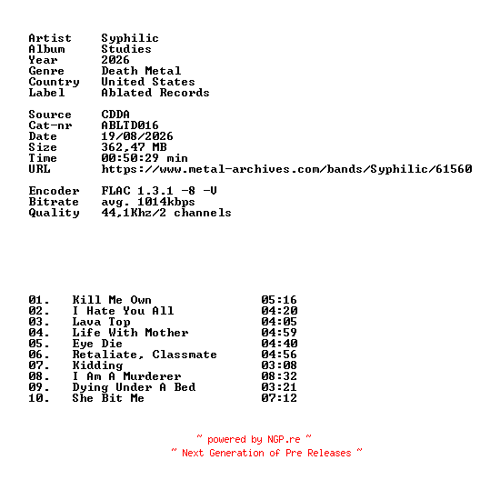 NFO for the release Syphilic-Studies-(ABLTD016)-CD-FLAC-2026-86D by 86D