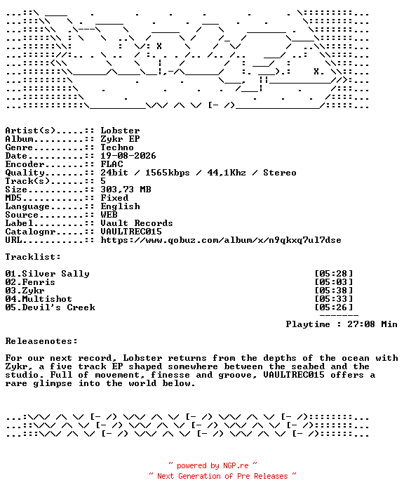 NFO for the release Lobster-Zykr_EP-VAULTREC015-24BIT-WEB-FLAC-2026-WAVED by WAVED