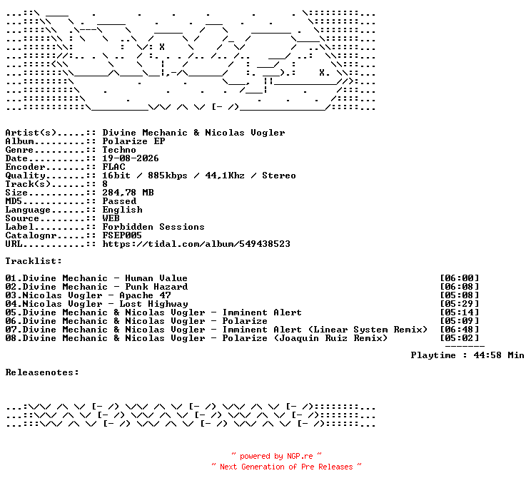 NFO for the release Divine_Mechanic_And_Nicolas_Vogler-Polarize_EP-FSEP005-16BIT-WEB-FLAC-2026-WAVED by WAVED