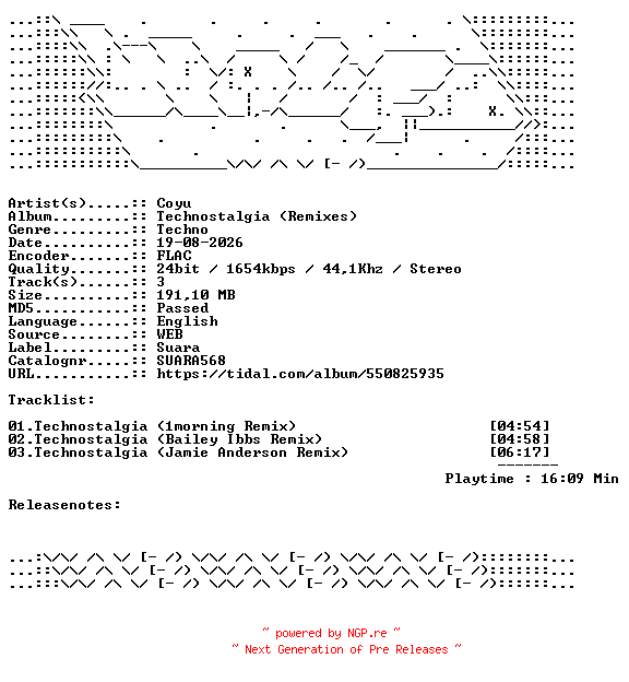 NFO for the release Coyu-Technostalgia_Remixes-SUARA568-24BIT-WEB-FLAC-2026-WAVED by WAVED