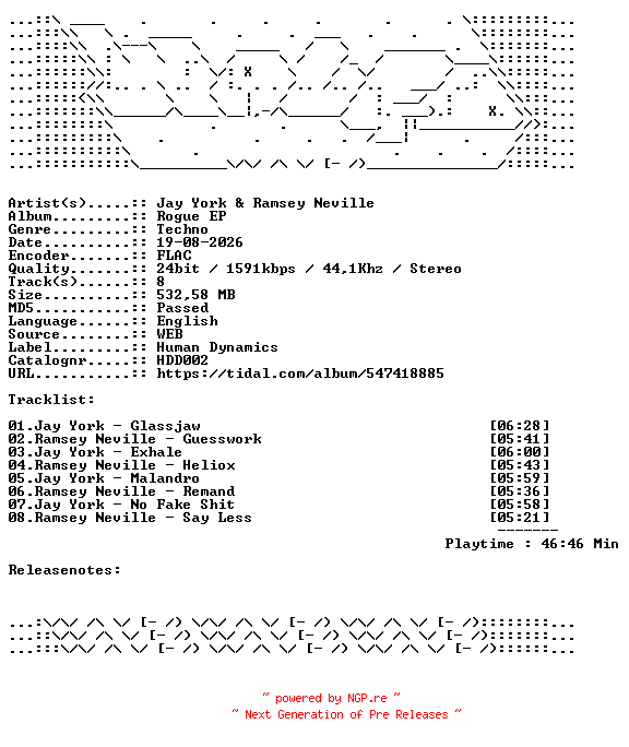 NFO for the release Jay_York_And_Ramsey_Neville-Rogue_EP-HDD002-24BIT-WEB-FLAC-2026-WAVED by WAVED