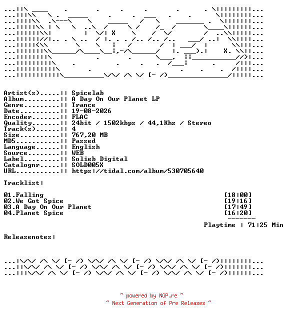 NFO for the release Spicelab-A_Day_On_Our_Planet_LP-SOLD005X-REMASTERED-24BIT-WEB-FLAC-2026-WAVED by WAVED