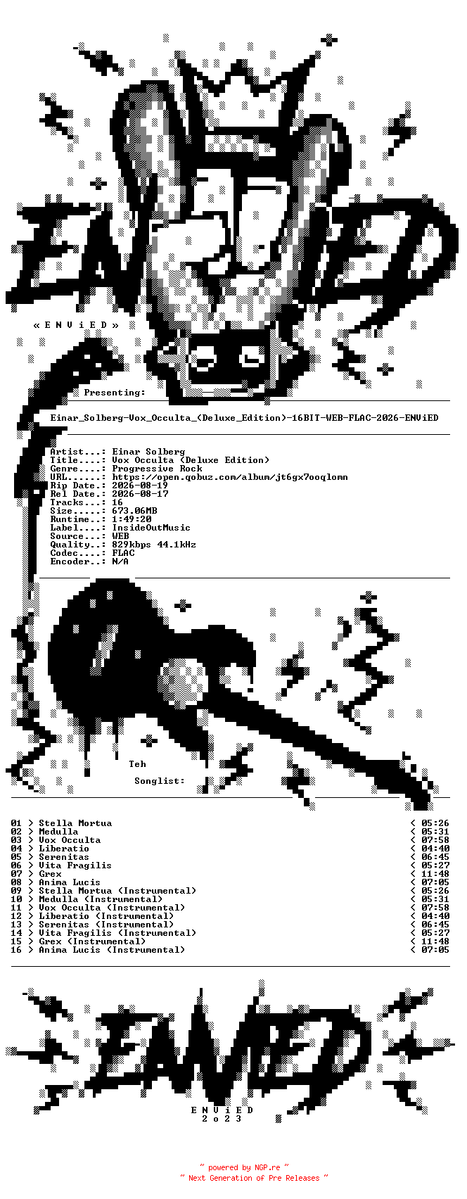 NFO for the release Einar_Solberg-Vox_Occulta_(Deluxe_Edition)-16BIT-WEB-FLAC-2026-ENViED by ENViED
