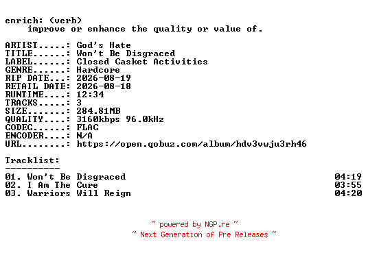 NFO for the release Gods_Hate-Wont_Be_Disgraced-EP-24BIT-WEB-FLAC-2026-ENRiCH by ENRiCH