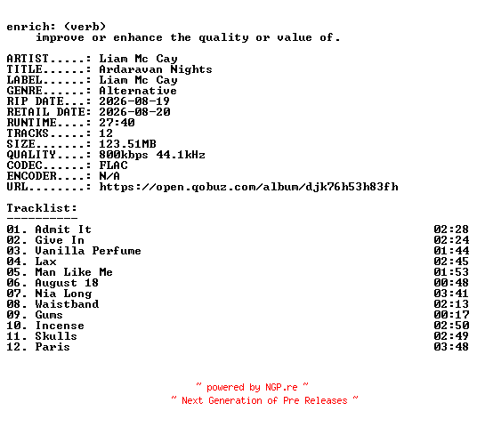 NFO for the release Liam_Mc_Cay-Ardaravan_Nights-16BIT-WEB-FLAC-2026-ENRiCH by ENRiCH